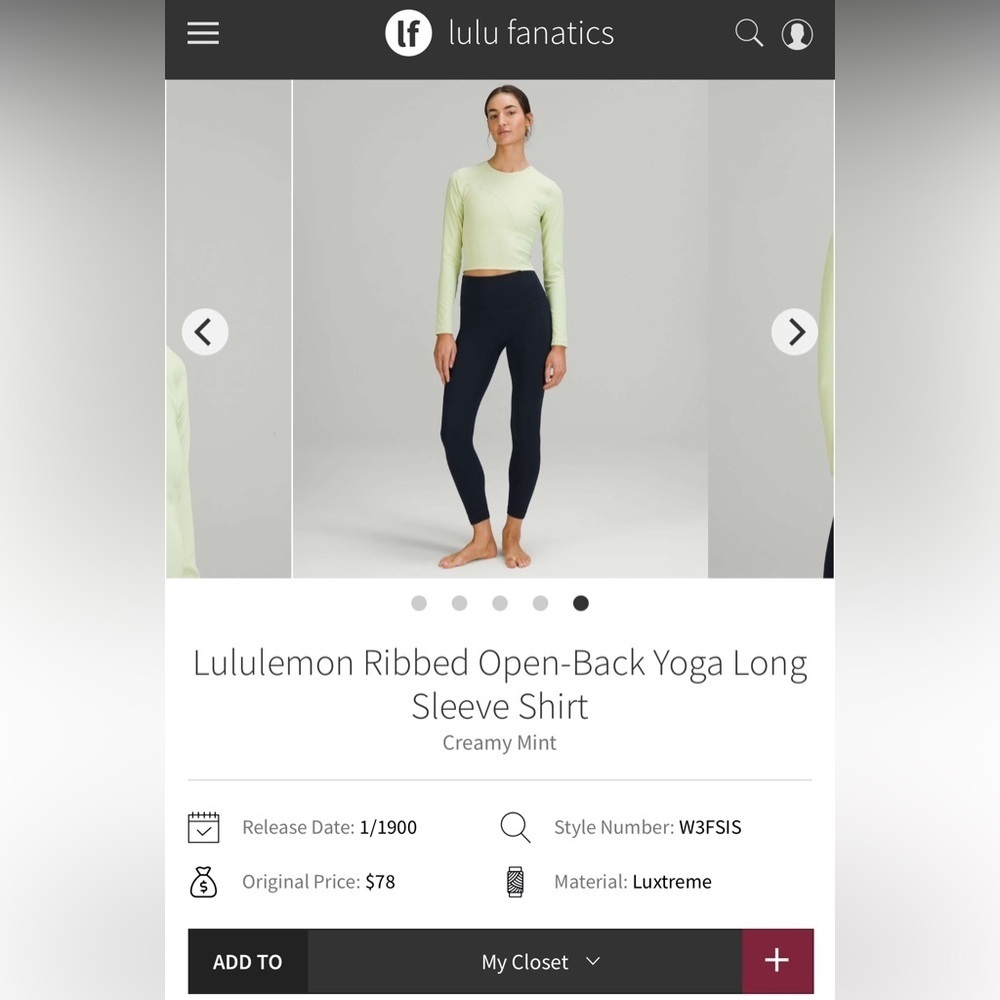 Lululemon Ribbed Open-Back Yoga Long
Sleeve Shirt Creamy Mint size: 6 - Picture 4 of 7